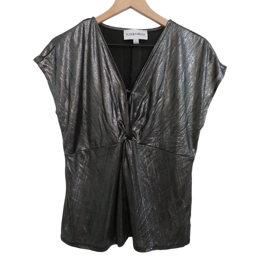 Alex & Parker Women Sz L Metallic Silver Gray Twist Front Cap Sleeve Blouse Top